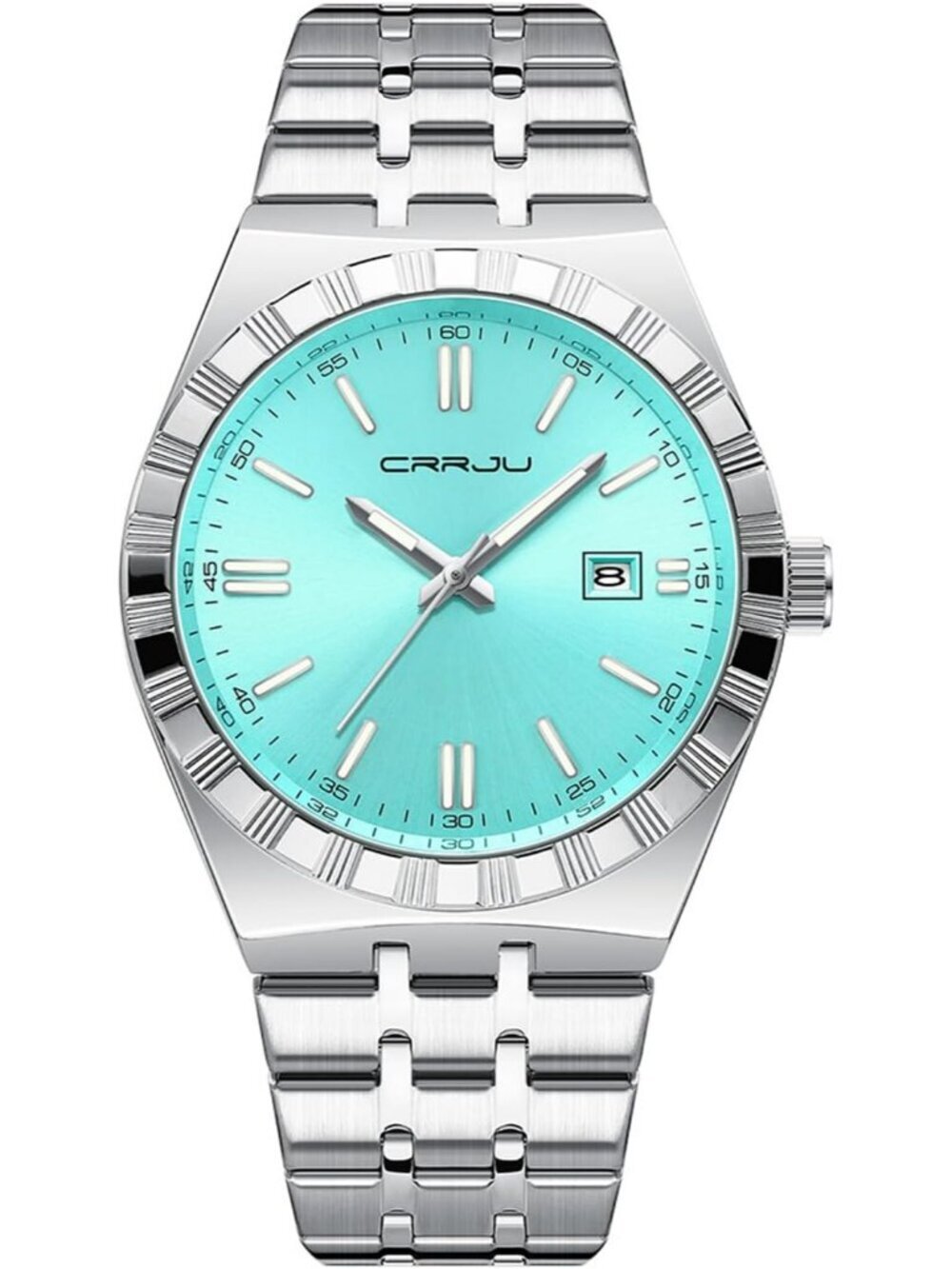 Crrju Men's Mint Blue Luxury Luminous Analog Quartz Calendar Round Silver Watch